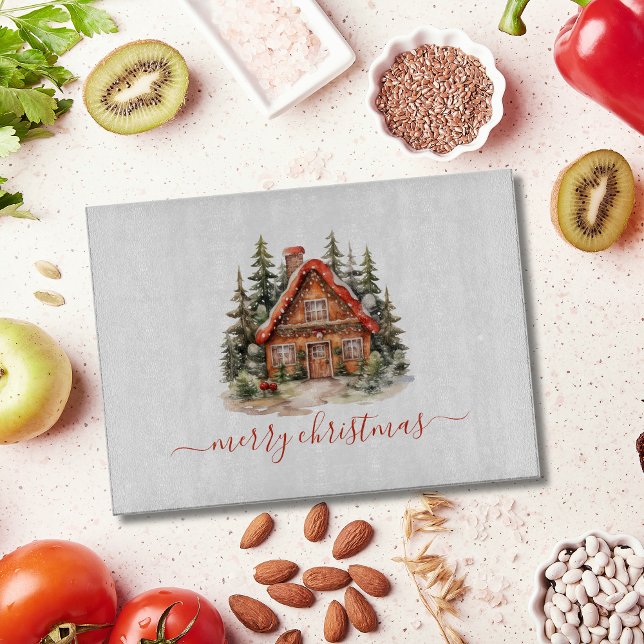 Personalisierter Gingerbrett Weihnachtsfeiertag Schneidebrett (Gingerbread in winter scene House Merry Christmas Personalized Cutting board. Rectangle and Circle)
