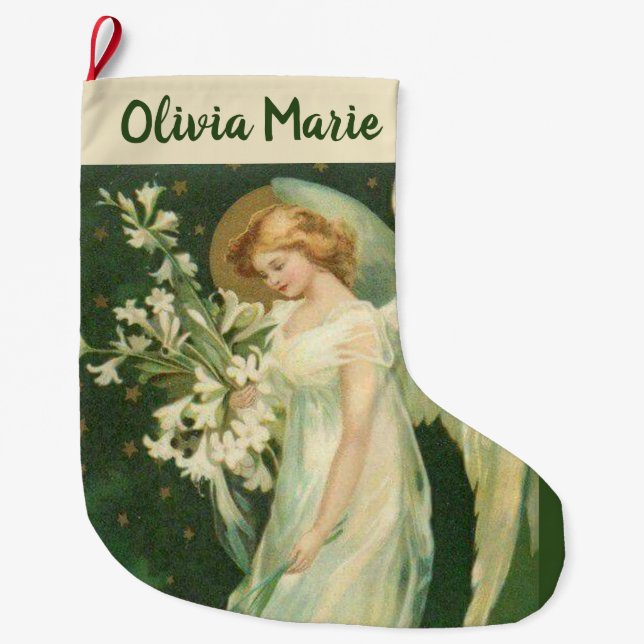 Personalisierter Girl-Engel mit Blume Großer Weihnachtsstrumpf (Vorderseite)