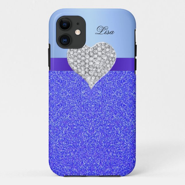 Personalisierter Glamour Herzblauer Glitzer Case-Mate iPhone Hülle (Rückseite)
