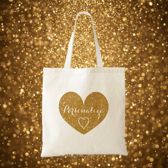 Personalisierter Glitzer Liebe Herzbeutel Tragetasche (gold heart tote bag)