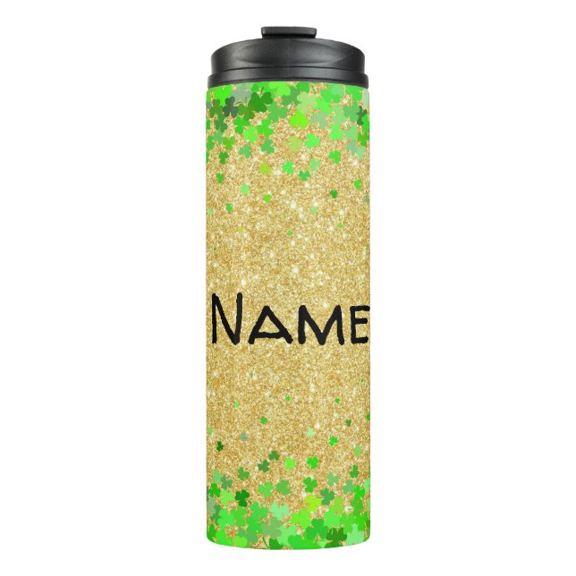 Personalisierter Glitzer und Kleeblätter Thermosbecher (Vorderseite)