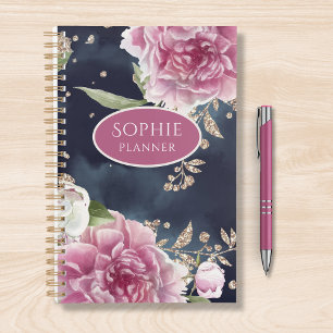 Personalisierter Glitzer Wasserfarbe Rosa Blütenmä Planer