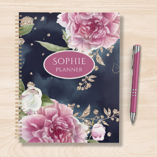 Personalisierter Glitzer Wasserfarbe Rosa Blütenmä Planer