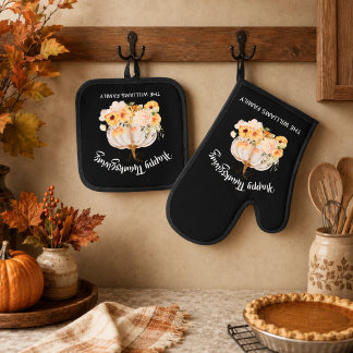 Personalisierter glücklicher Erntedank-Blumenkürbi Ofenhandschuh & Topflappen-Set