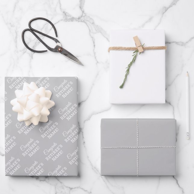 Personalisierter Glückwunsch Name White on Silver Geschenkpapier Set (Vorderseite)