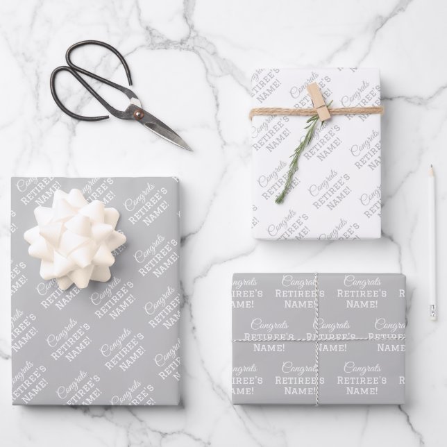Personalisierter Glückwunsch Name White on Silver Geschenkpapier Set (Vorderseite)