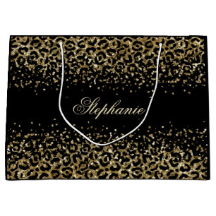 Personalisierter Gold Black Leopard Print Glitzer Große Geschenktüte