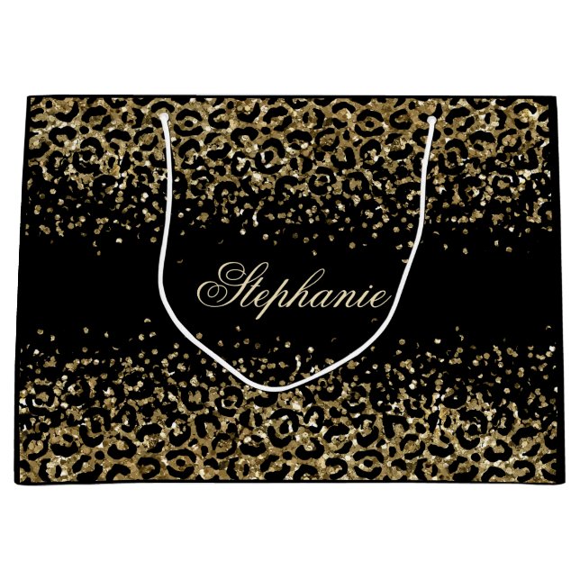 Personalisierter Gold Black Leopard Print Glitzer Große Geschenktüte (Vorderseite)