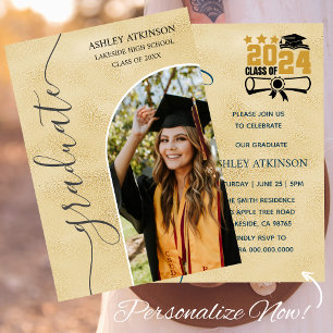 Personalisierter Gold Foil Glitzer Foto Abschluss Einladung