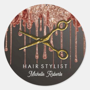 Personalisierter Gold Glitzer Scheren Friseur Salo Runder Aufkleber