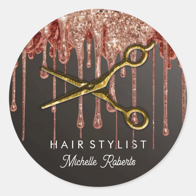 Personalisierter Gold Glitzer Scheren Friseur Salo Runder Aufkleber (Vorderseite)