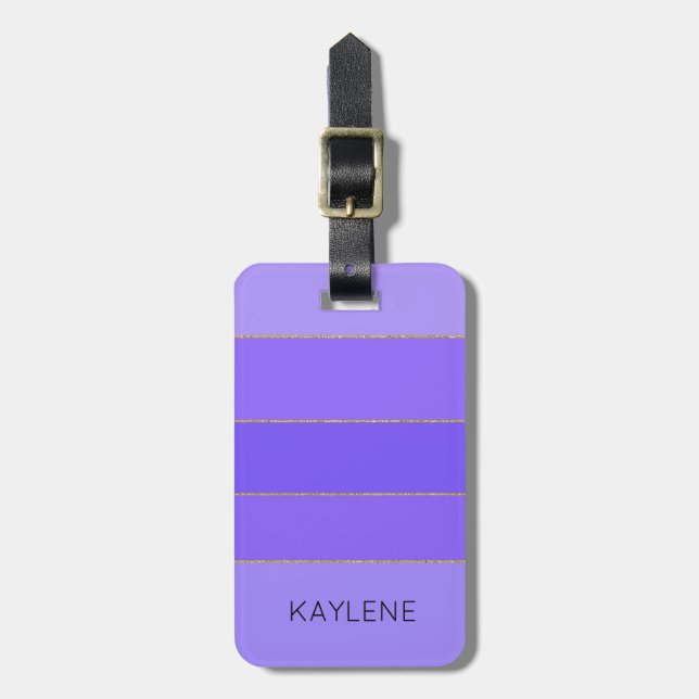 Personalisierter Gold Trim Violett Streifen Gepäck Gepäckanhänger (Vorderseite vertikal)