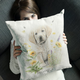 Personalisierter Golden Retriever Welpe in Blumen Kissen