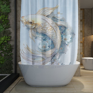 Personalisierter Goldener Koi-Fisch in Blautönen W Duschvorhang