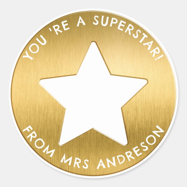 Personalisierter goldener Superstar Lehrer Belohnu Runder Aufkleber (Vorderseite)