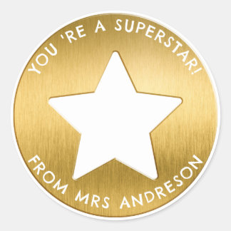 Personalisierter goldener Superstar Lehrer Belohnu Runder Aufkleber