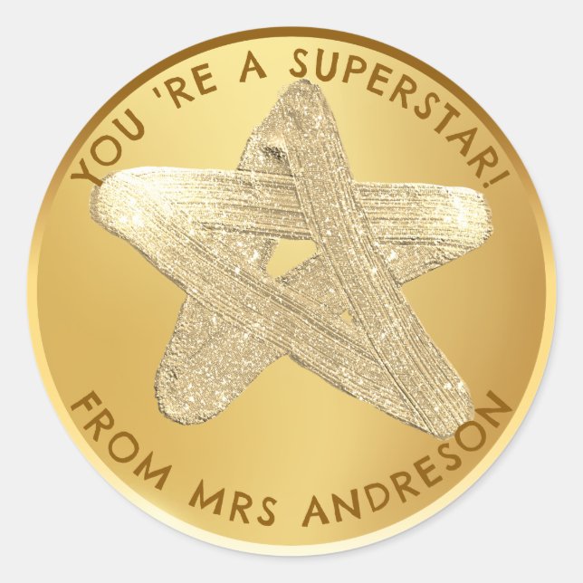 Personalisierter goldener Superstar Lehrer Belohnu Runder Aufkleber (Vorderseite)