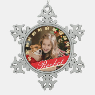 Personalisierter Goldhaustier-Tatzen-Druck u. Schneeflocken Zinn-Ornament