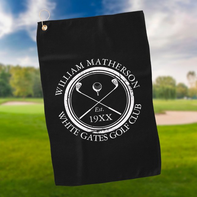 Personalisierter Golfclub Name Black and White Golfhandtuch (Von Creator hochgeladen)