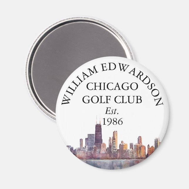 Personalisierter Golfschlägername Chicago Skyline Magnet (Vorderseite/Rückseite)