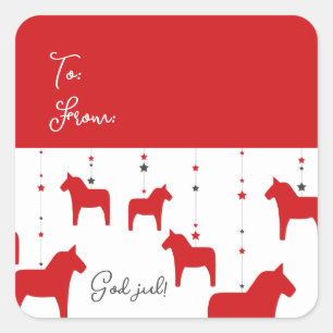Personalisierter Gott jul! Dala Horse Quadratischer Aufkleber