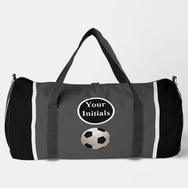 Personalisierter Grau Schwarzer Fußball Duffle Bag (Vorderseite)