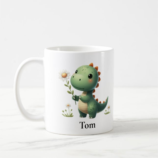 Personalisierter grüner Dinosaurier mit Blume Kaffeetasse (Links)