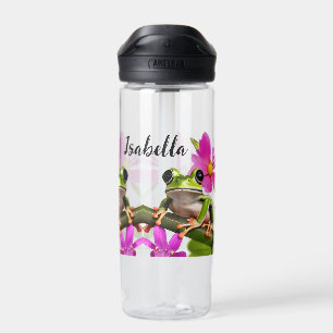 Personalisierter grüner Frosch umgeben von rosa Bl Trinkflasche