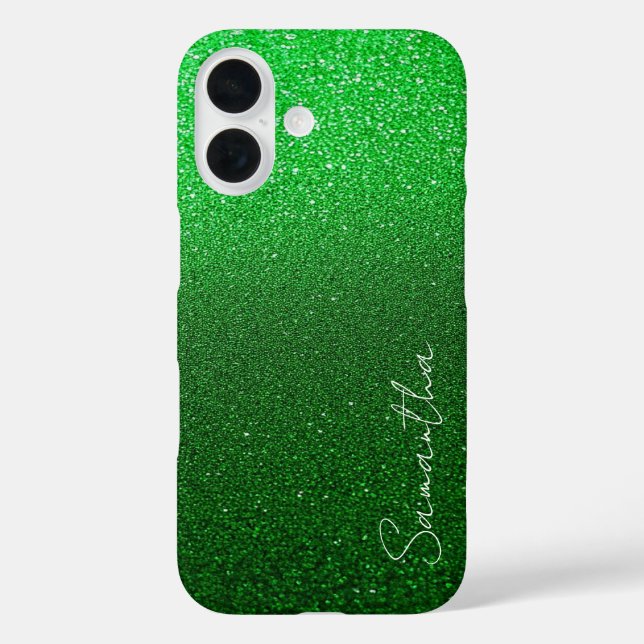 Personalisierter grüner Glitzer iPhone 16 Hülle (Rückseite)
