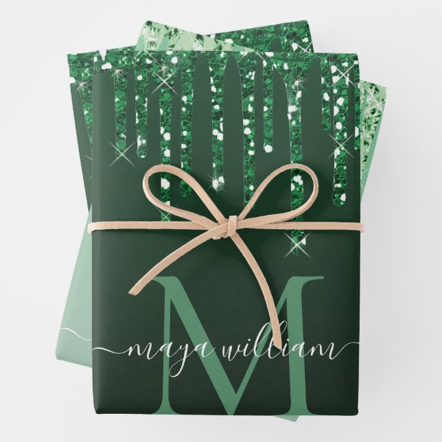 Personalisierter grüner Glitzer Tropfen Geschenkpapier Set (Beispiel)