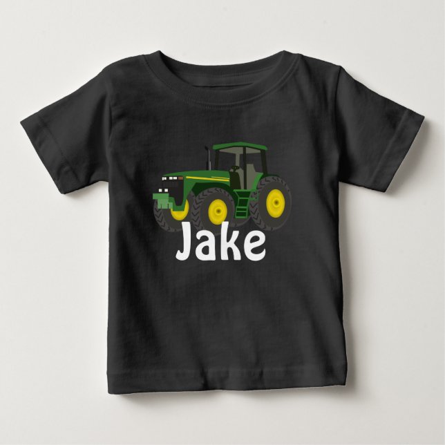 Personalisierter grüner Traktor Baby T-shirt (Vorderseite)