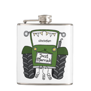 Personalisierter grüner Traktor Landhochzeitsgesch Flachmann