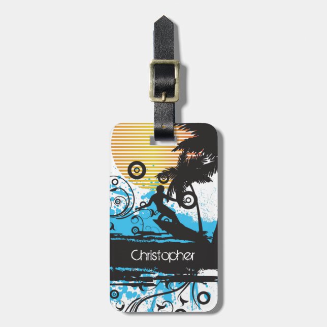 Personalisierter Grunge Surfing Tropical Beach Gepäckanhänger (Vorderseite vertikal)