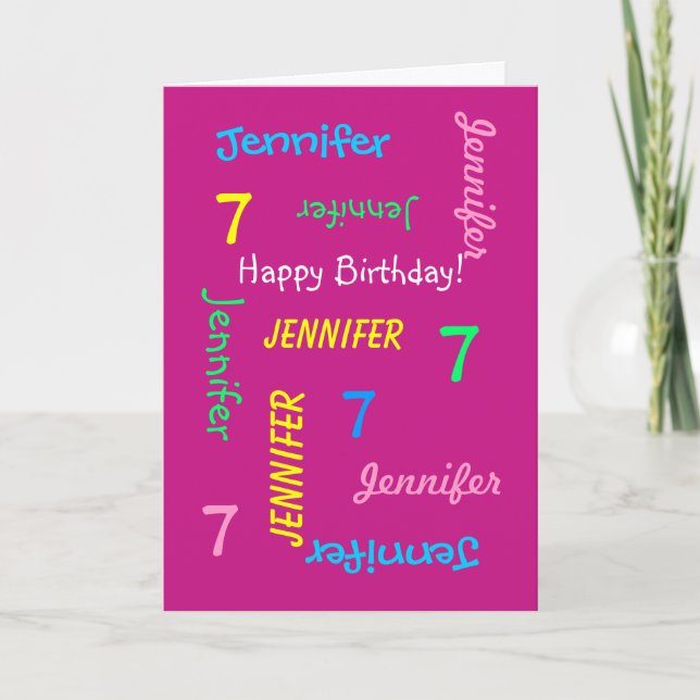 Personalisierter Grußkartenname, 7. Geburtstag, Ro Karte (Vorderseite)