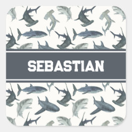 Personalisierter Hai-Sticker | Aquarellhaie Quadratischer Aufkleber