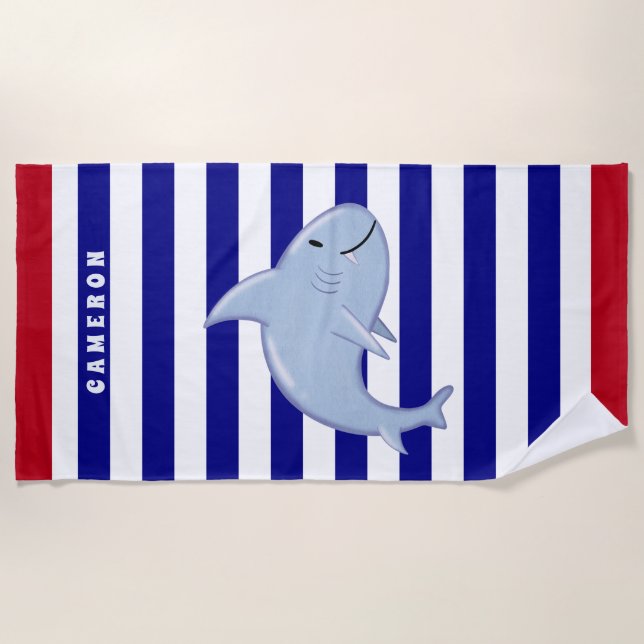 Personalisierter Hai Weißer Blauer Streifen Kinder Strandtuch (Vorderseite)