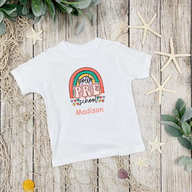 Personalisierter Hallo, Vorschulrainbogenherzen Kleinkind T-shirt (Hello Pre-school Personalized T-shirt for her)