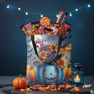 Personalisierter Halloween-Kürbis in Rosa und Blau Tasche