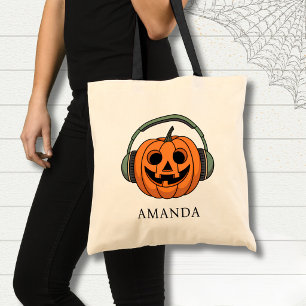 Personalisierter Halloween-Kürbis mit Kopfhörern Tragetasche