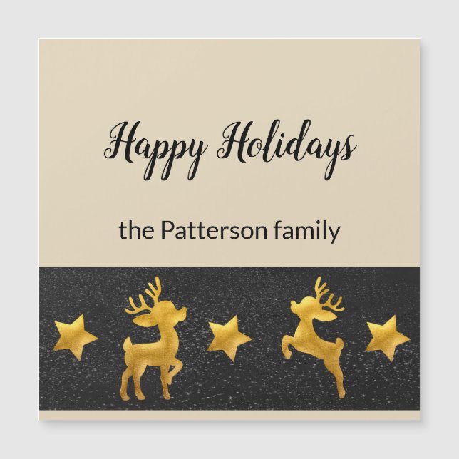 Personalisierter Happy Holiday mit Golden Rentier Magnetkarte (Vorderseite)