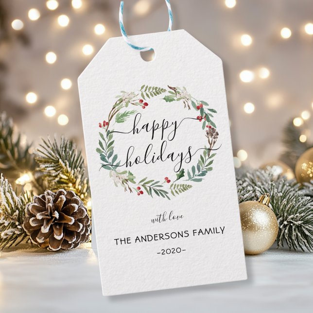 Personalisierter Happy Holidays Wasserfarbenkranz Geschenkanhänger (Personalized Happy Holidays watercolor wreath Gift Tags)