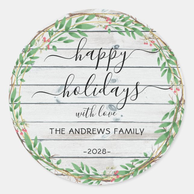 Personalisierter Happy Holidays Wasserfarbenkranz Runder Aufkleber (Vorderseite)