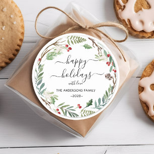 Personalisierter Happy Holidays Wasserfarbenkranz Runder Aufkleber