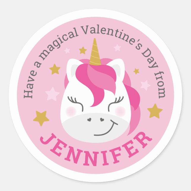 Personalisierter Happy Valentine's Day Einhornaufk Runder Aufkleber (Vorderseite)