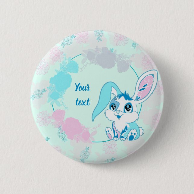 Personalisierter Hase Cute Blue Kawaii Button (Vorderseite)
