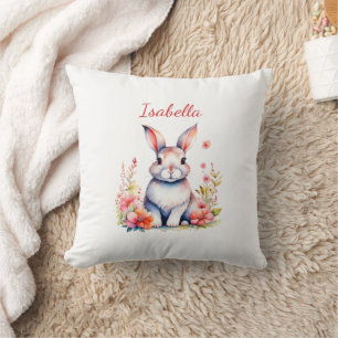 Personalisierter Hase in rosa Blumen Kissen