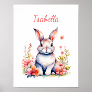 Personalisierter Hase in rosa Blumen Poster