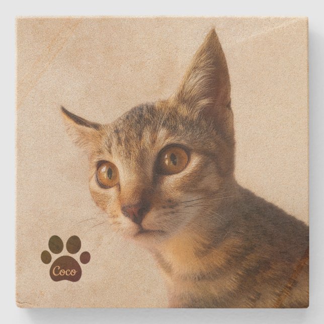 Personalisierter Hauskatze Katze Katze Foto Vorlag Steinuntersetzer (Vorderseite)