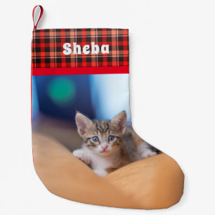 Personalisierter Haustier-Name Foto Rot Kariert Kleiner Weihnachtsstrumpf