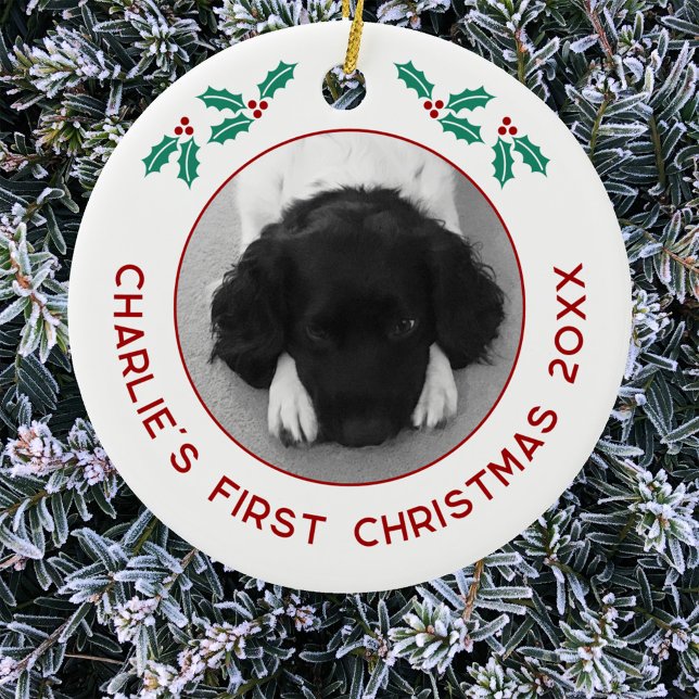 Personalisierter Haustier Welpen Hund Erstes Foto  Keramik Ornament (Personalized puppy dog first Christmas photo ornament)